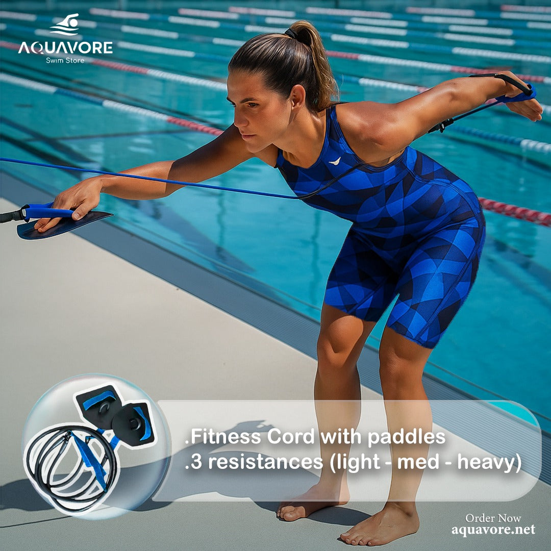 Swimming fitness cord with paddles